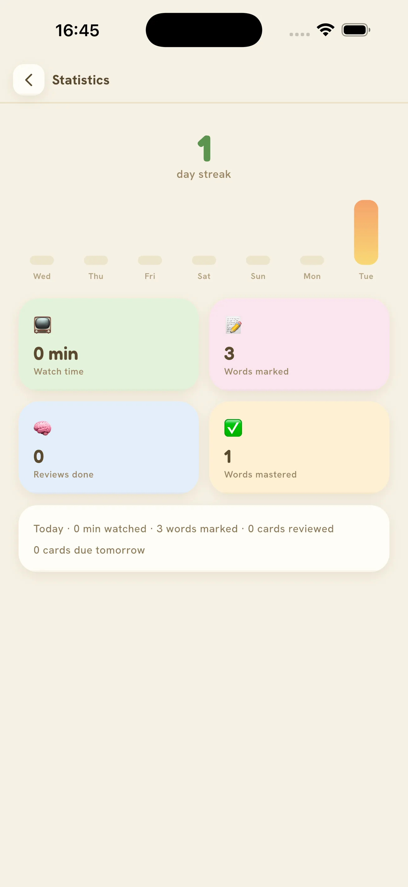 Learning statistics with day streak, weekly activity and totals
