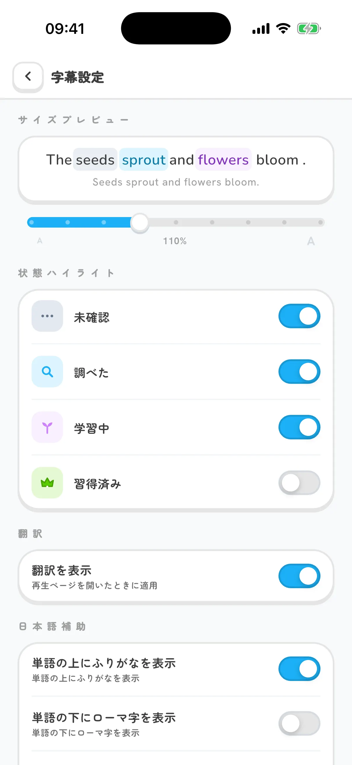 Subtitle settings with size, word highlights and translation